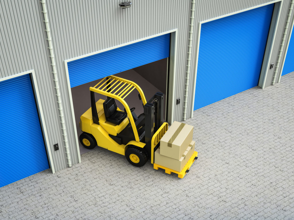 3d rendering forklift truck with boxes in warehouse