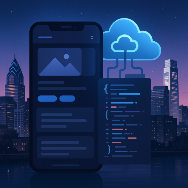 A diverse team of developers in a high-tech workspace with code and AI tools on screen, set against the Philadelphia skyline, representing elite software talent.