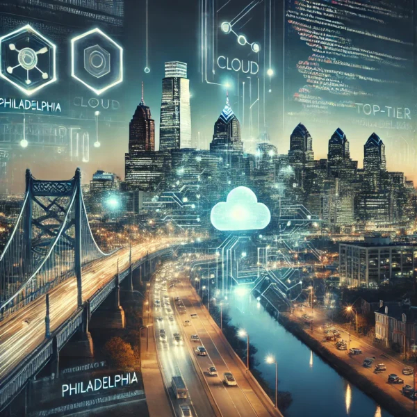 Futuristic digital collage featuring a sleek mobile app interface overlaid on a background of cloud infrastructure and code snippets, representing top Futuristic digital image combining a mobile app UI with cloud infrastructure and code, set against the Philadelphia skyline to represent expert app development
