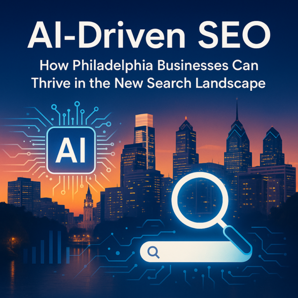 Philadelphia skyline at twilight with the bold title ‘AI-Driven SEO,’ digital AI and search icons, and vibrant circuit patterns, representing AI-powered SEO for local businesses.