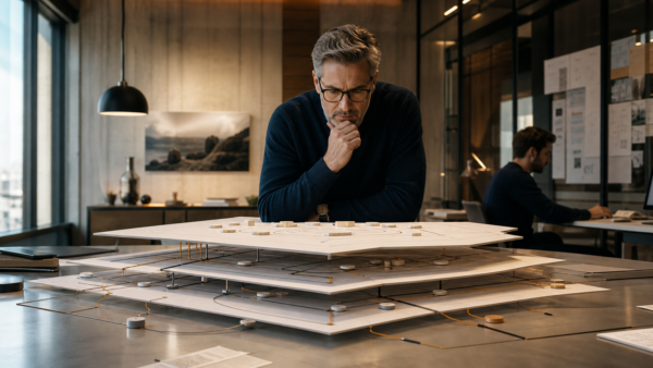 Why Agencies Lose Margin on Technical Work Agency operations leader studying a layered project model that reveals hidden technical dependencies beneath the original plan.