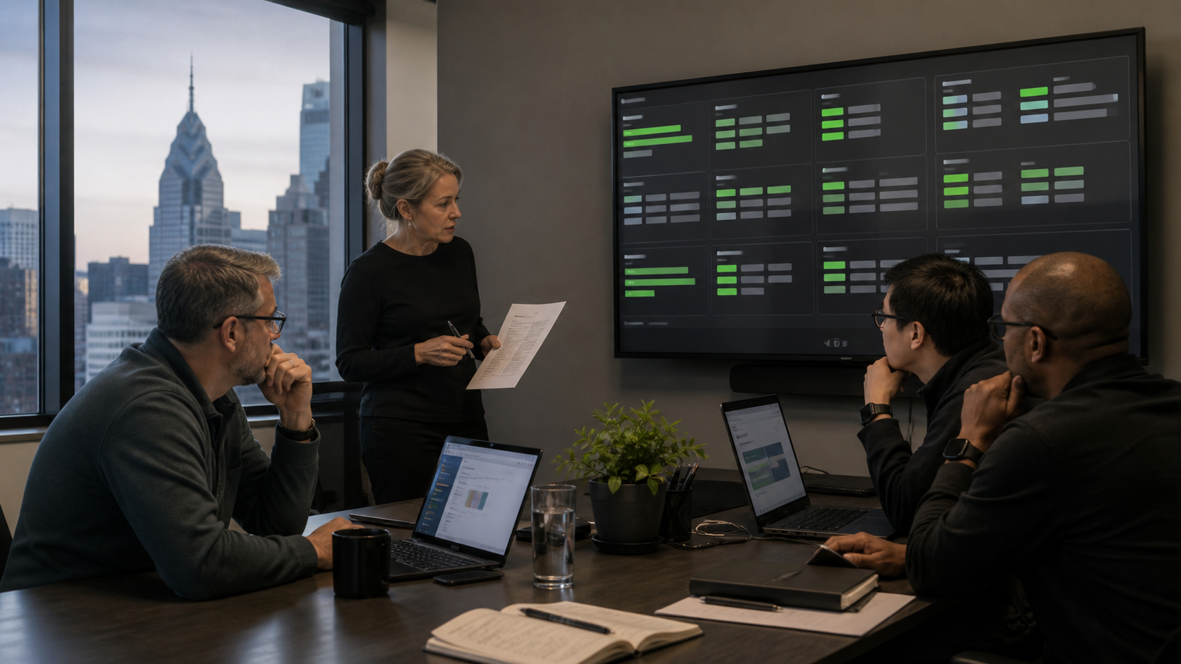 Incident response team coordinating production recovery from a shared service status board