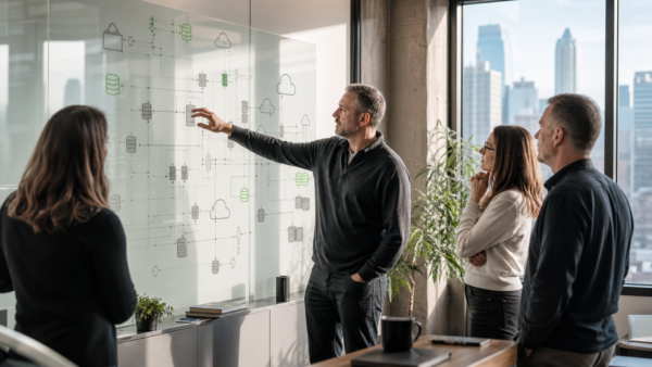 technical-architecture-review-v2 Senior technical and operations leaders reviewing a system architecture diagram in a Philadelphia office