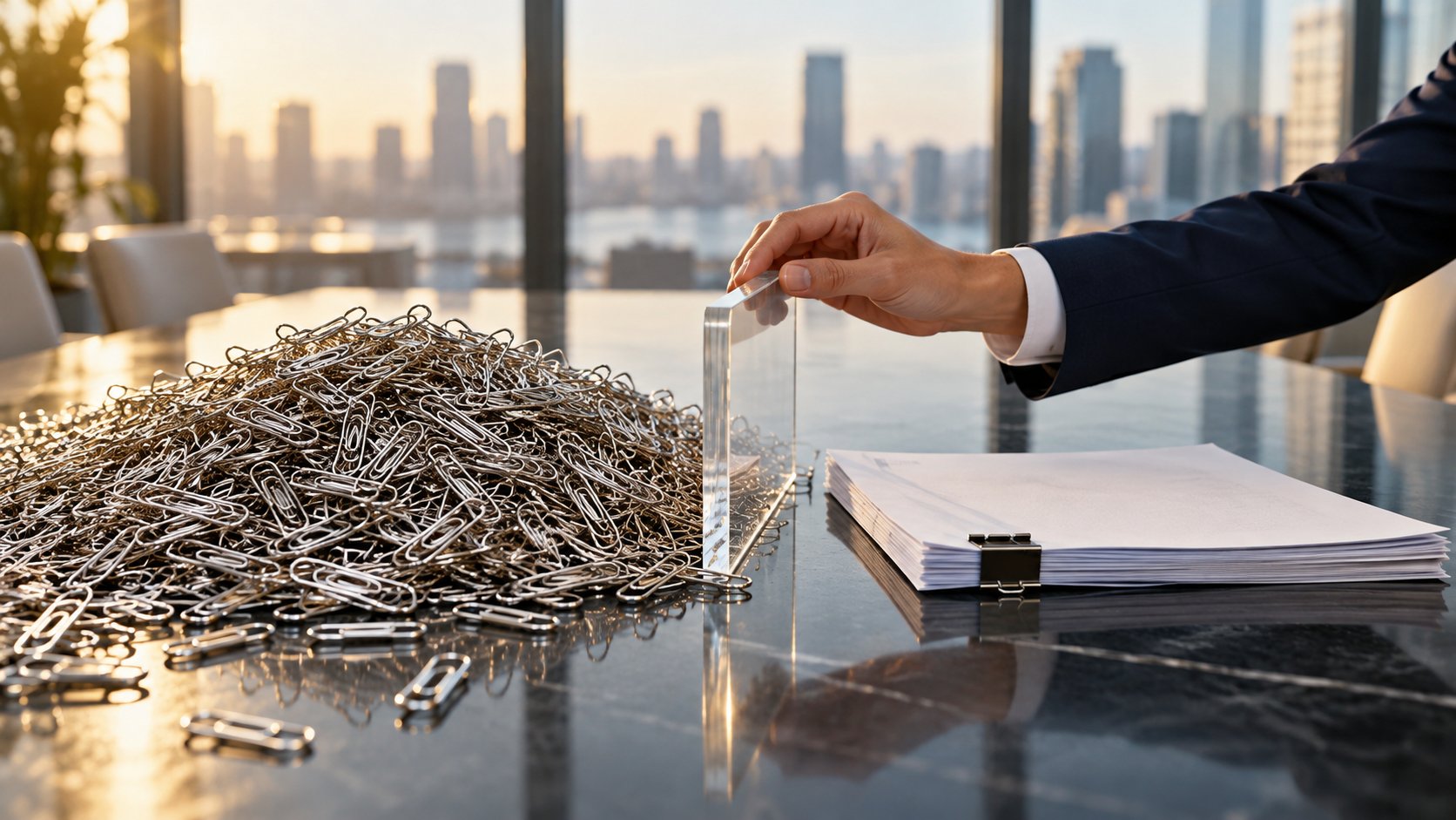 A hand holds a clear divider between a mound of silver paperclips and a neatly bound document packet on a conference table.