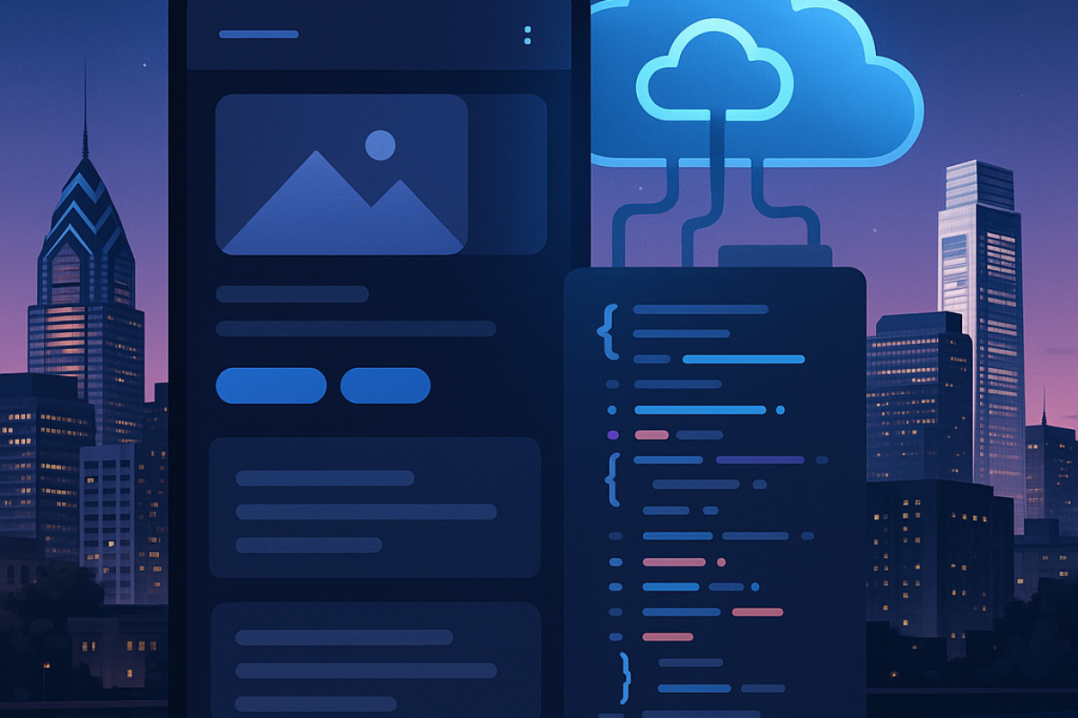 A diverse team of developers in a high-tech workspace with code and AI tools on screen, set against the Philadelphia skyline, representing elite software talent.