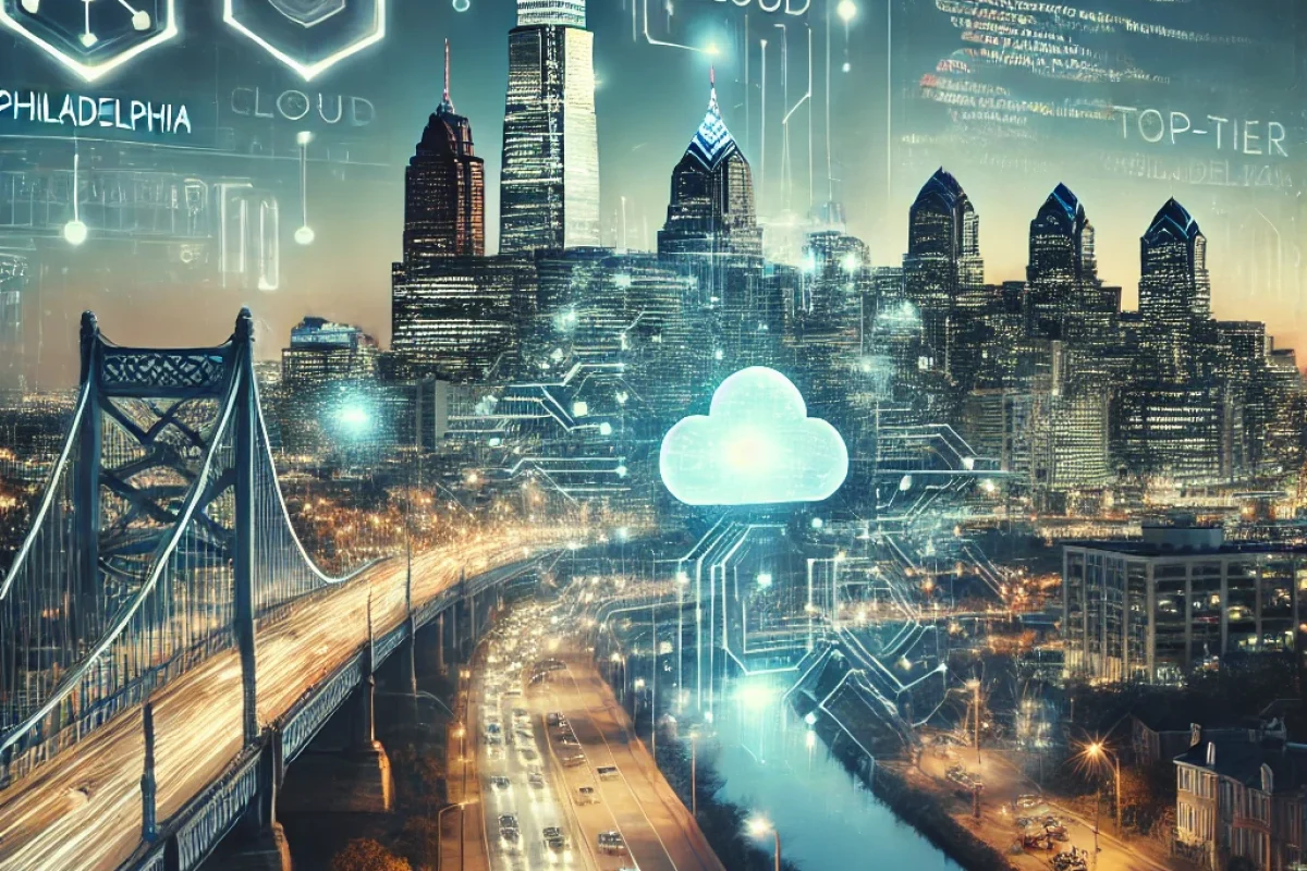 Futuristic digital image combining a mobile app UI with cloud infrastructure and code, set against the Philadelphia skyline to represent expert app development
