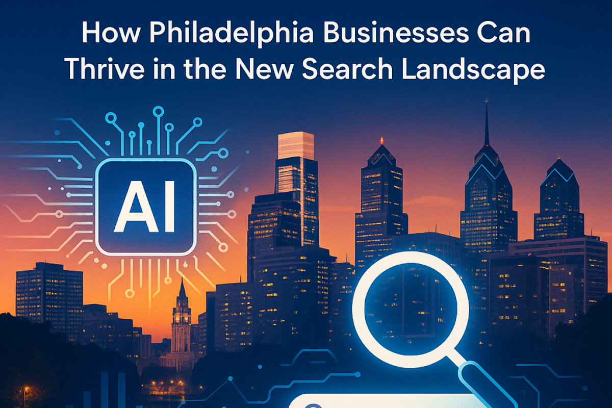 Philadelphia skyline at twilight with the bold title ‘AI-Driven SEO,’ digital AI and search icons, and vibrant circuit patterns, representing AI-powered SEO for local businesses.
