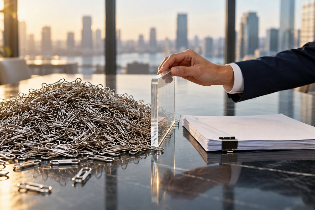 A hand holds a clear divider between a mound of silver paperclips and a neatly bound document packet on a conference table.