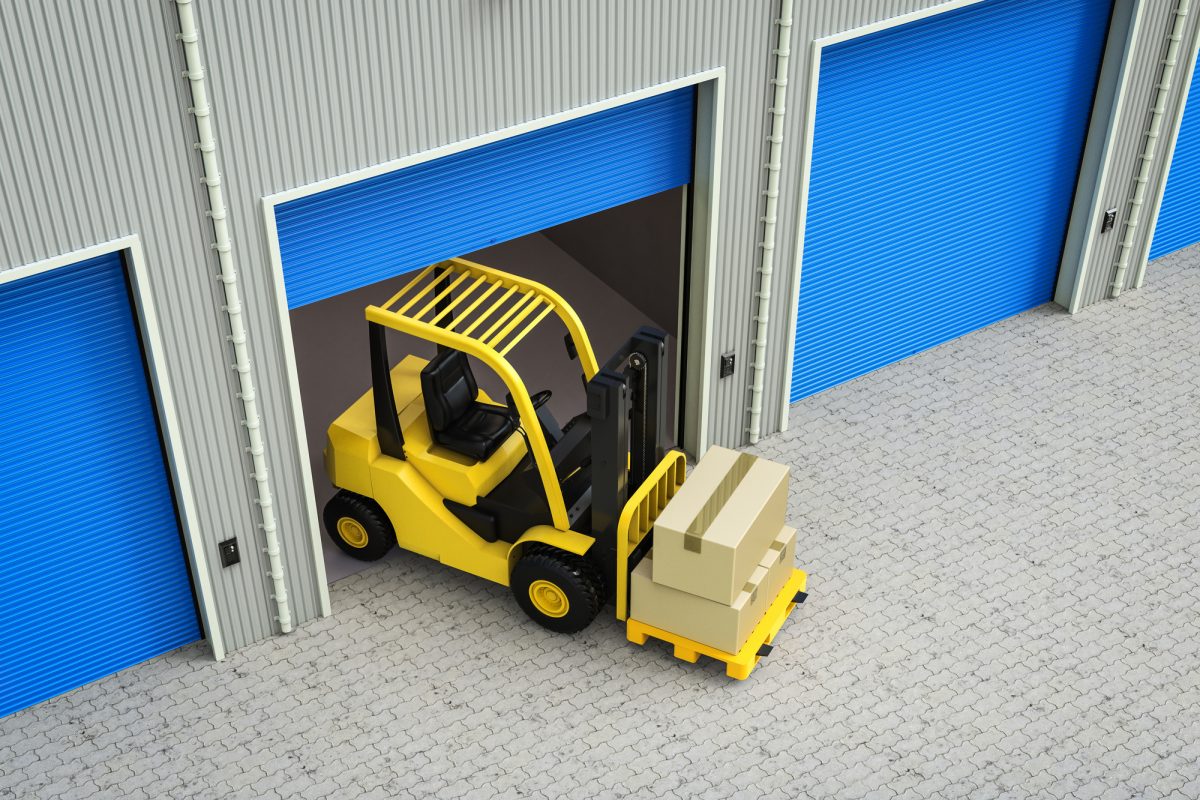 3d rendering forklift truck with boxes in warehouse