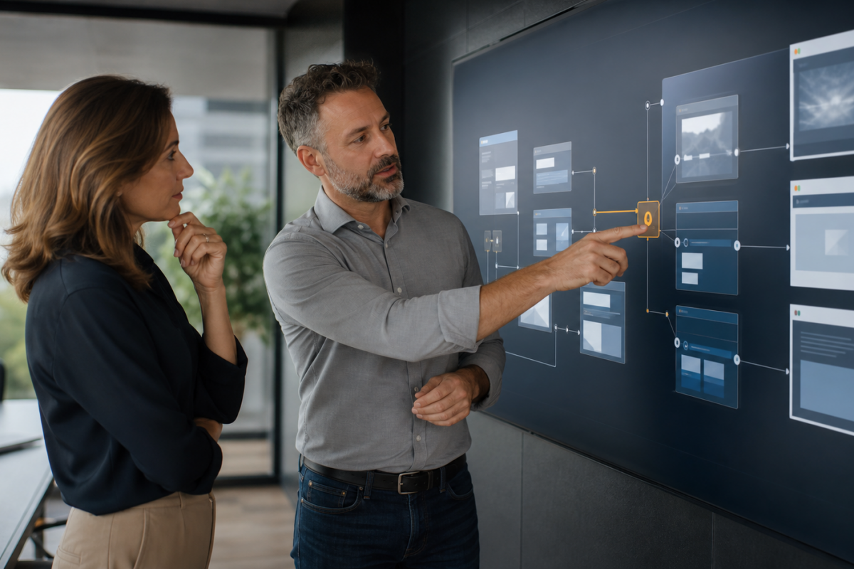 An agency account leader and technical specialist trace one amber risk signal through connected website components during a calm review.