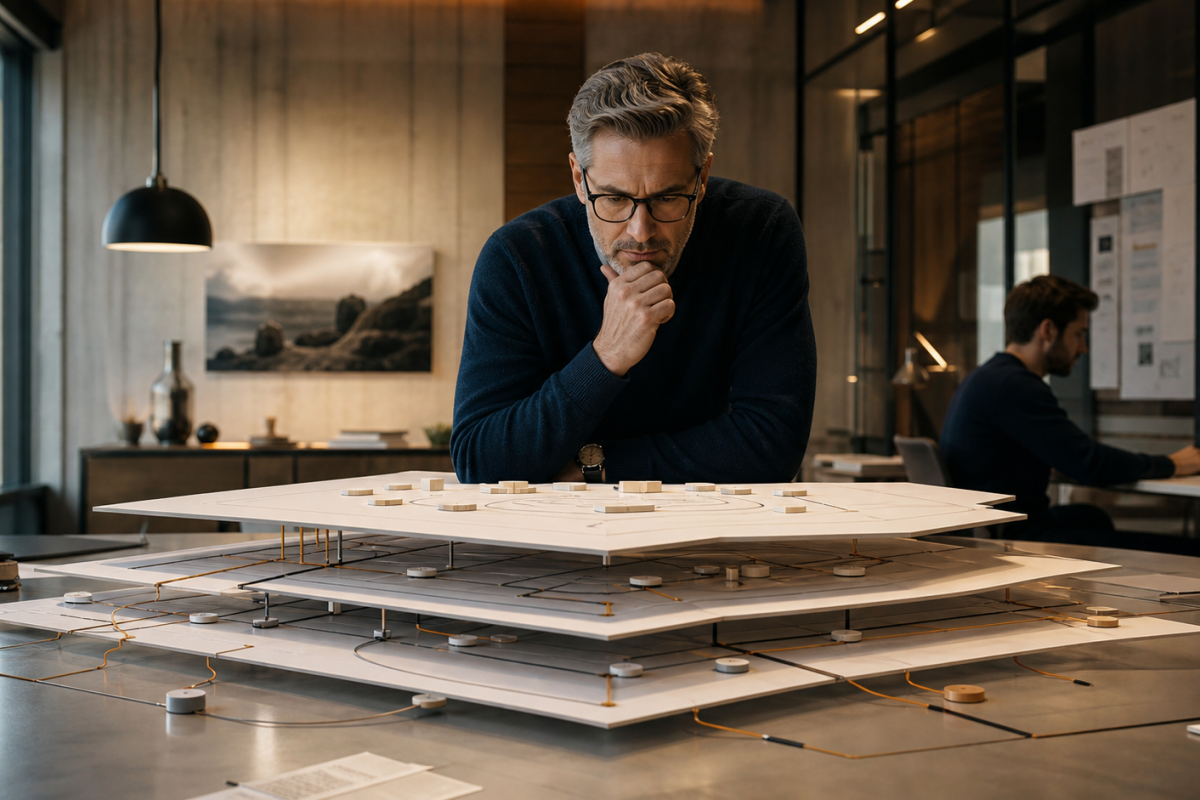 Agency operations leader studying a layered project model that reveals hidden technical dependencies beneath the original plan.