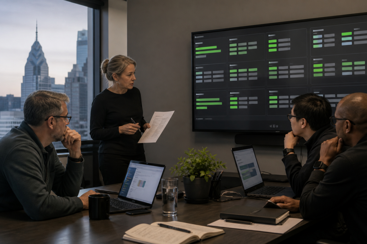Incident response team coordinating production recovery from a shared service status board