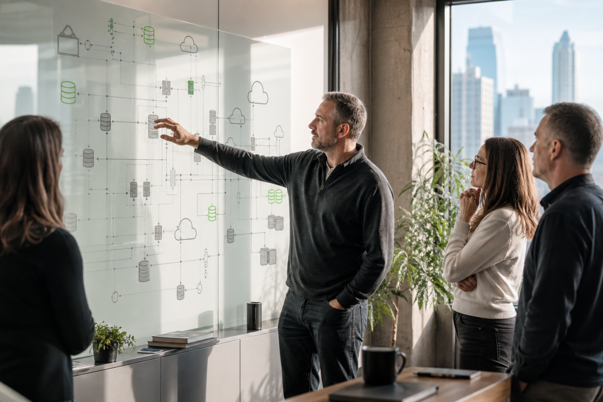 Senior technical and operations leaders reviewing a system architecture diagram in a Philadelphia office