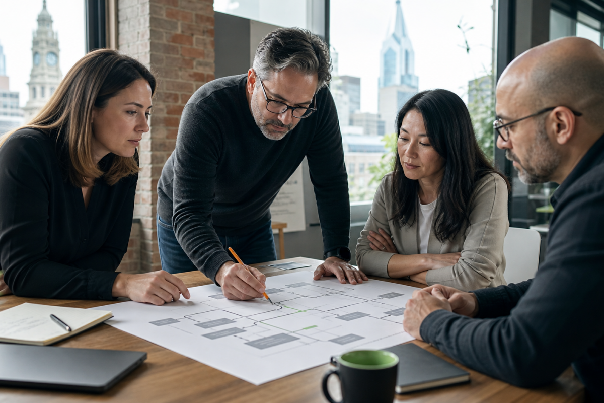 Product, operations, and engineering leaders tracing a broken integration path on a process map